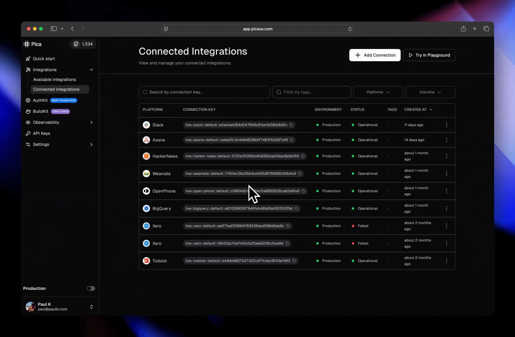 Adding new Gmail connection in Pica